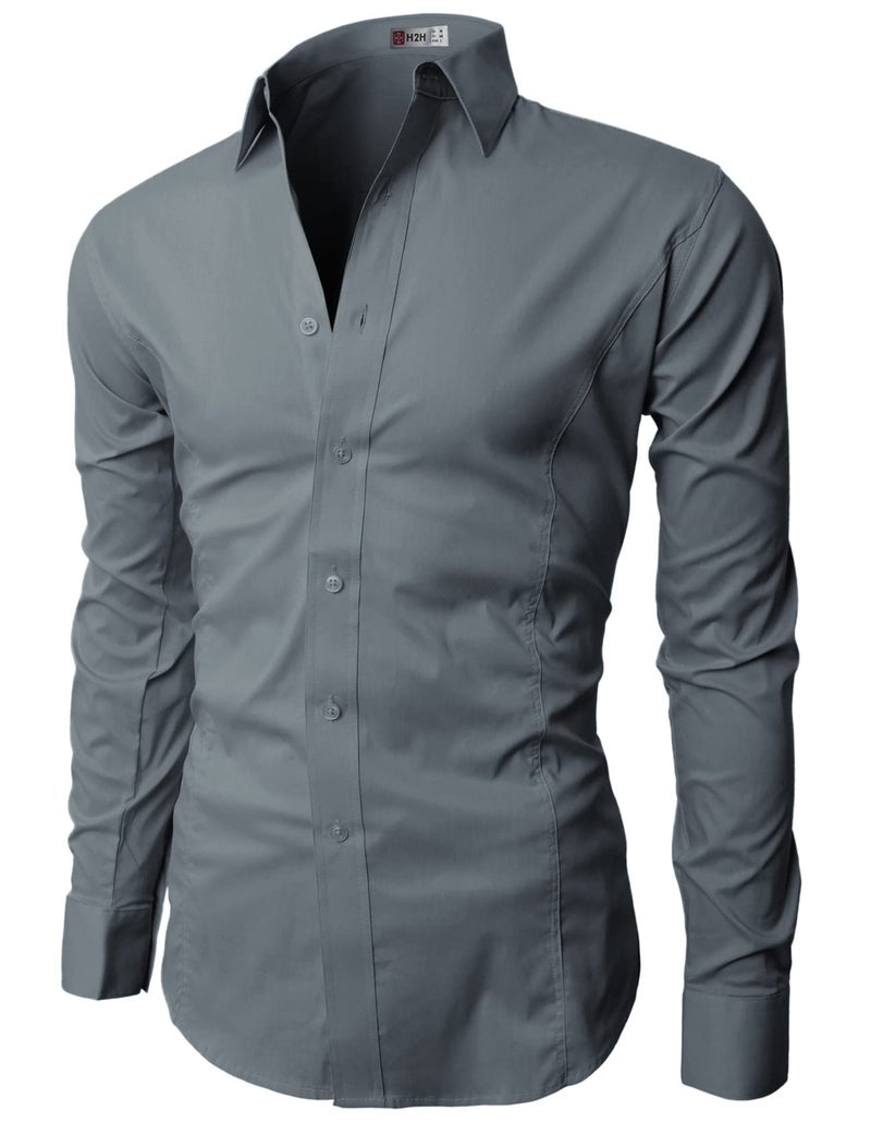 H2H Mens Wrinkle Free Slim Fit Dress shirts with Solid Long Sleeve GRAY US L (Asia XXL) (JASK 14) - Image 3